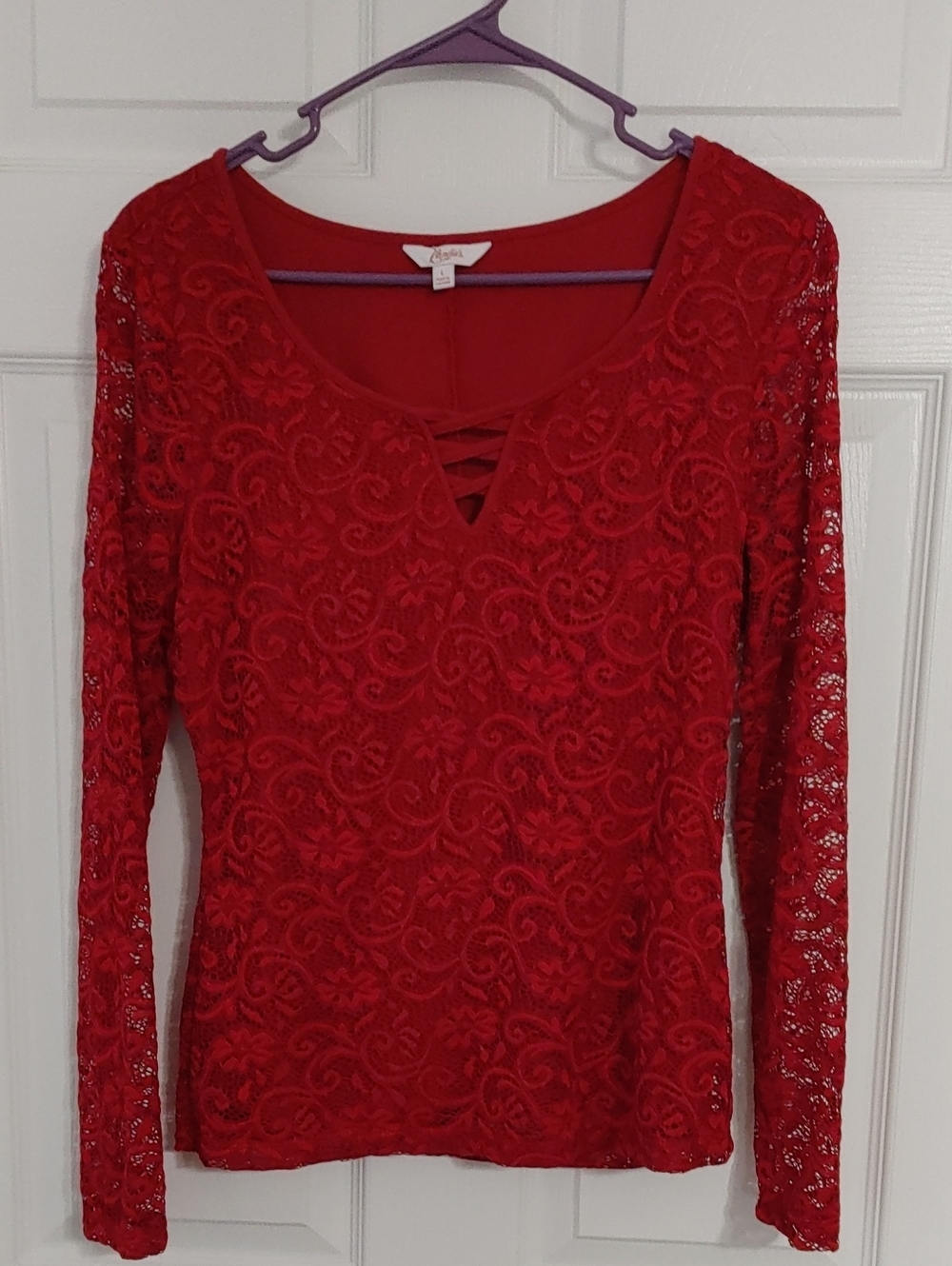 Candie's Red Lace Long-Sleeve Scoop-Neck Top Measures S/M Romantic Lace